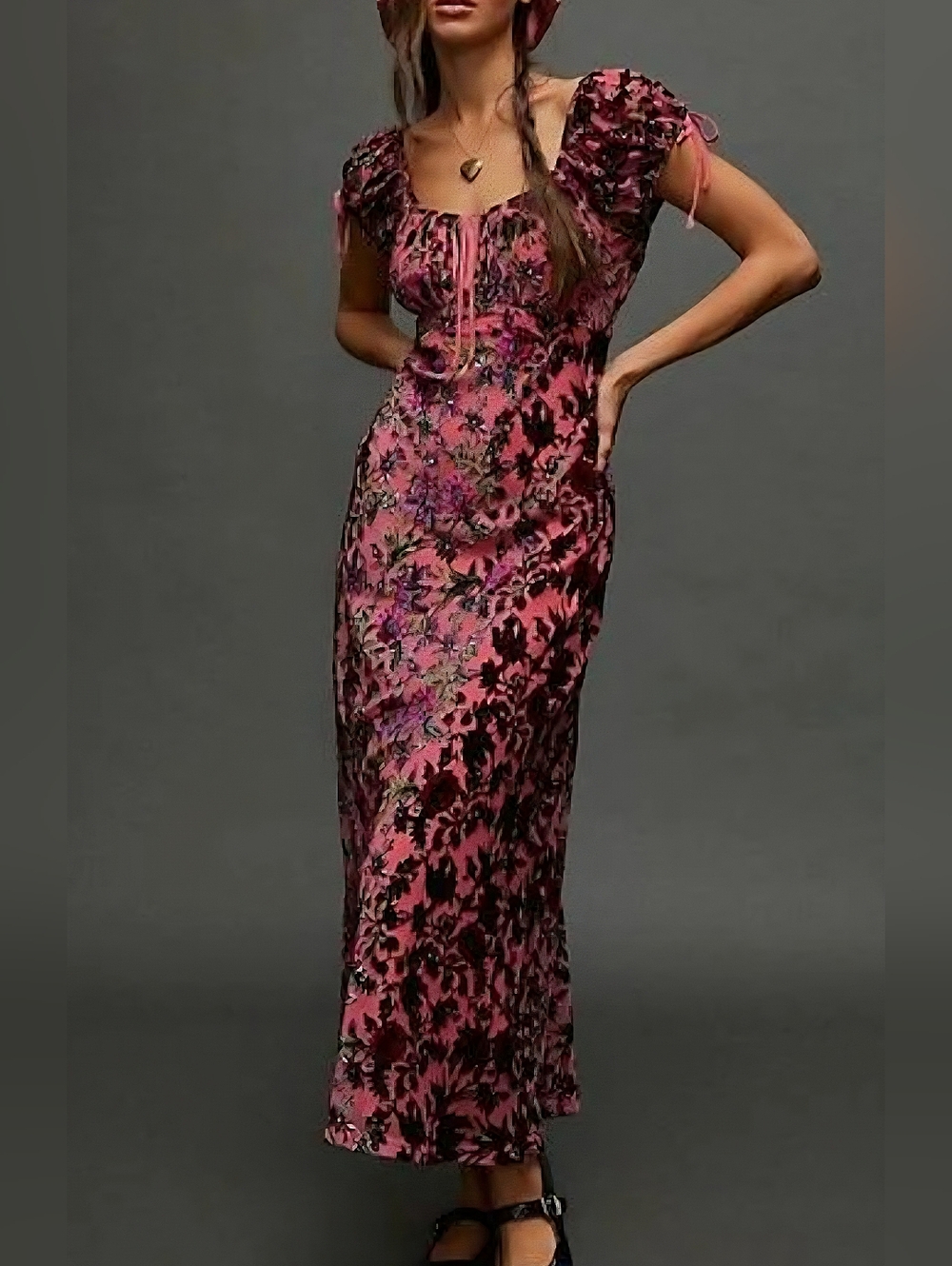 Free People HTF Fawna Floral Velvet Burnout Pink Rose Midi Dress
